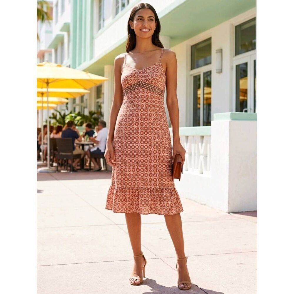 🔹️Loft Rust & Cream Geometric Print Ruffled Hem Sleeveless Dress Petite 8